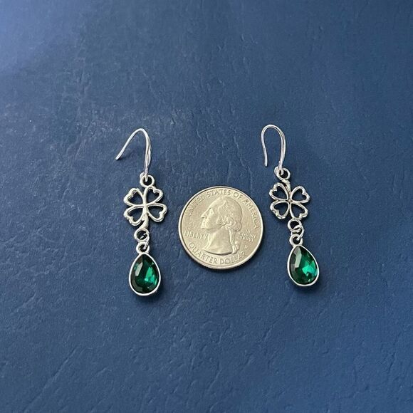 BAQ Emerald Green Crystal & Silver 4-Leaf Dangle Earrings - Picture 8 of 10